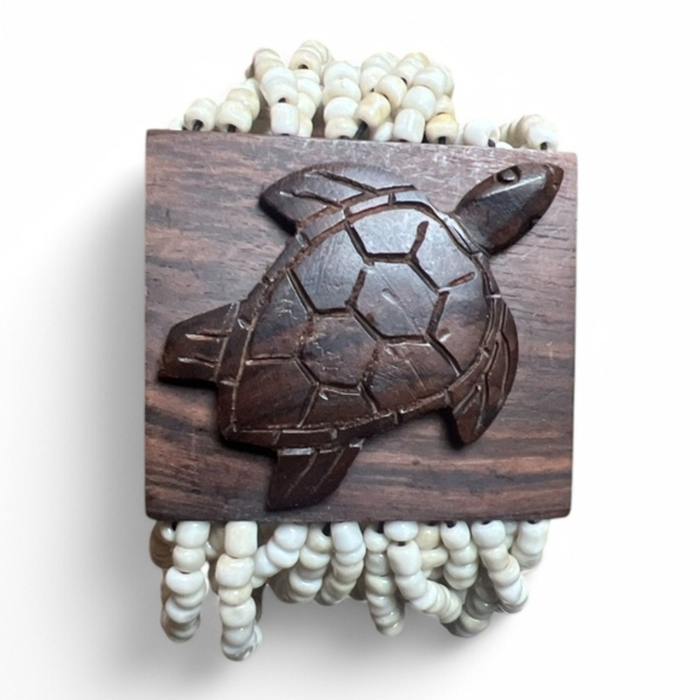 Vintage Teak Carved Turtle‎ Stretch Bracelet Multi Strand White Glass Trade Bead